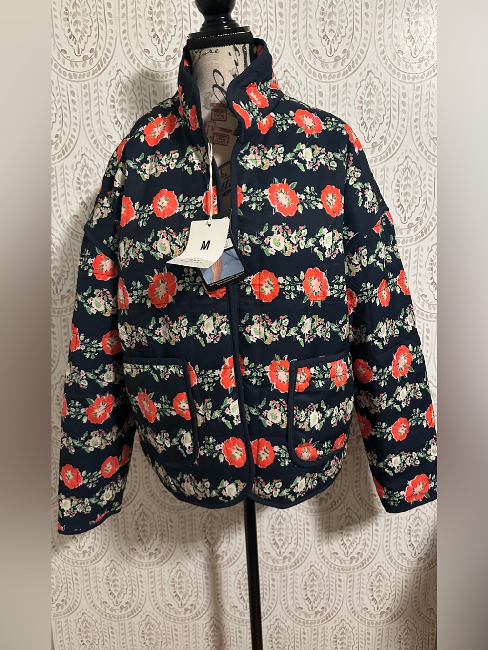 Amazon Navy Quilted Floral Puffer Jacket with Red Blossoms